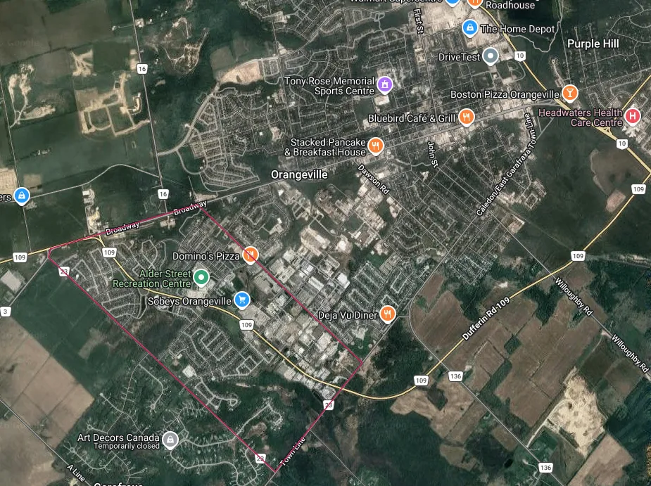 Aerial image of the West End area of Orangeville, outlined in red