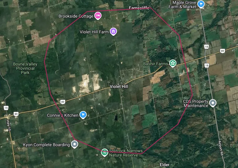 Map of the Mulmur township area highlighting the Ruskview real estate area outlined in red