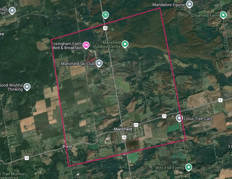 Map of the Mulmur township area highlighting the Mansfield real estate area outlined in red