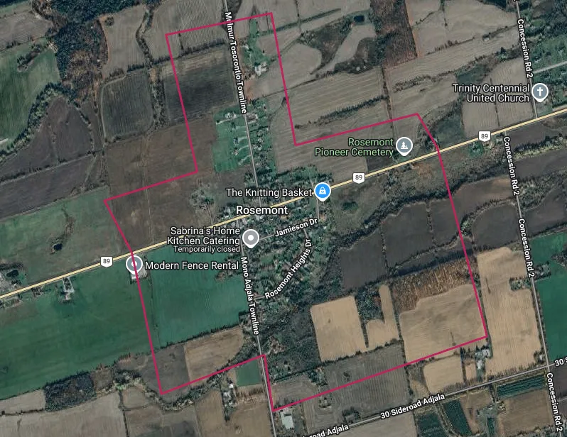 Map of the Mulmur township area highlighting the Rosemont real estate area outlined in red
