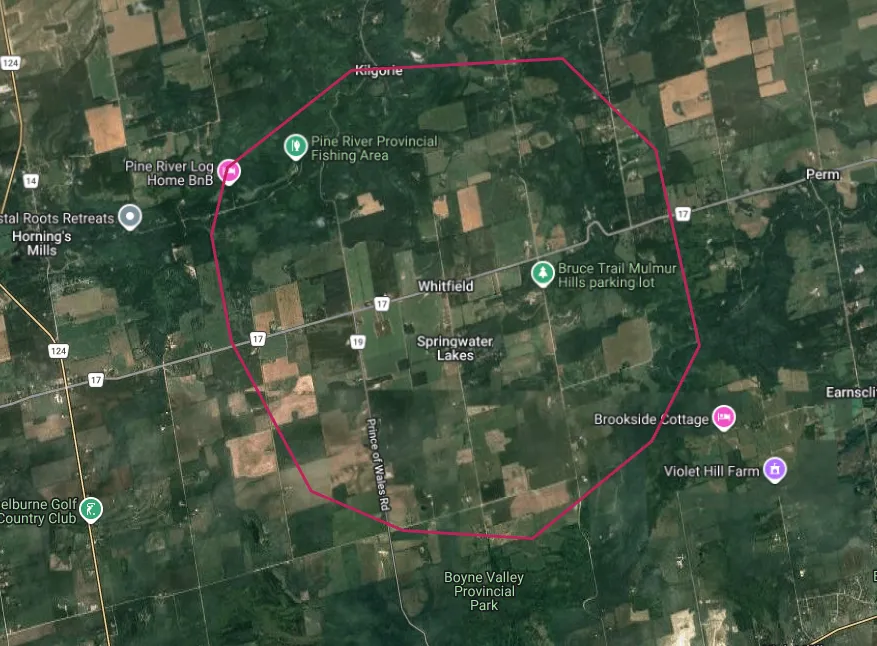 Map of the Mulmur township area highlighting the Whitfield real estate area outlined in red