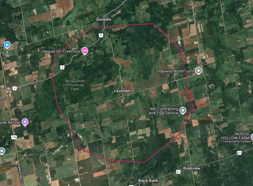 Map of the Mulmur township area highlighting the Lavender real estate area outlined in red