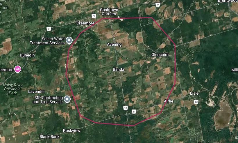 Map of the Mulmur township area highlighting the Banda real estate area outlined in red