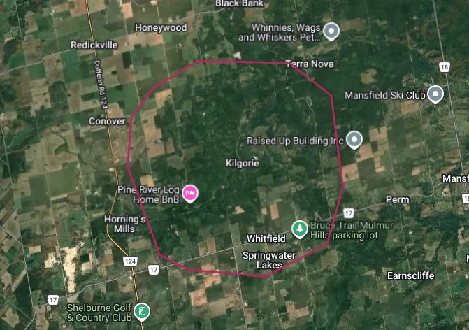 Map of the Mulmur township area highlighting the Banda real estate area outlined in red