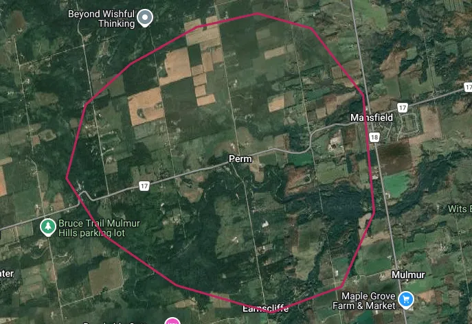 Map of the Mulmur township area highlighting the Perm real estate area outlined in red
