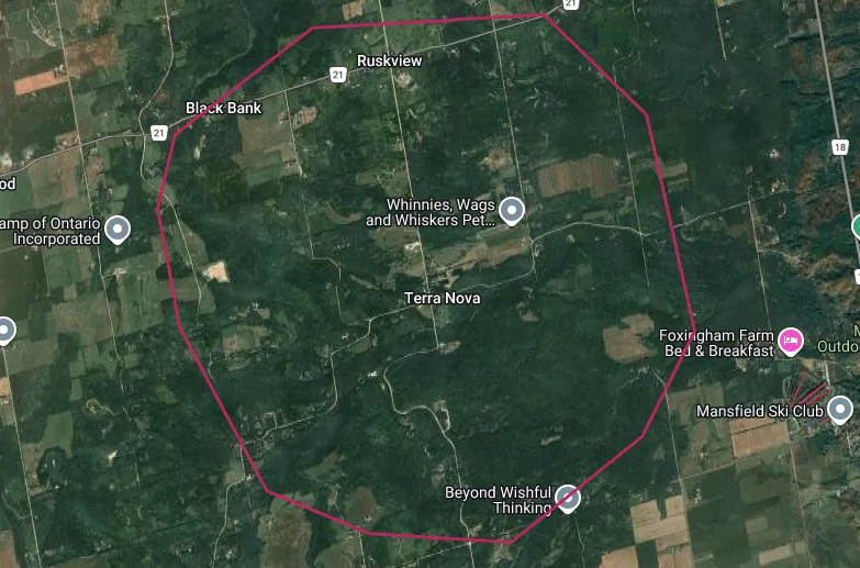 Map of the Mulmur township area highlighting the Terra Nova real estate area outlined in red