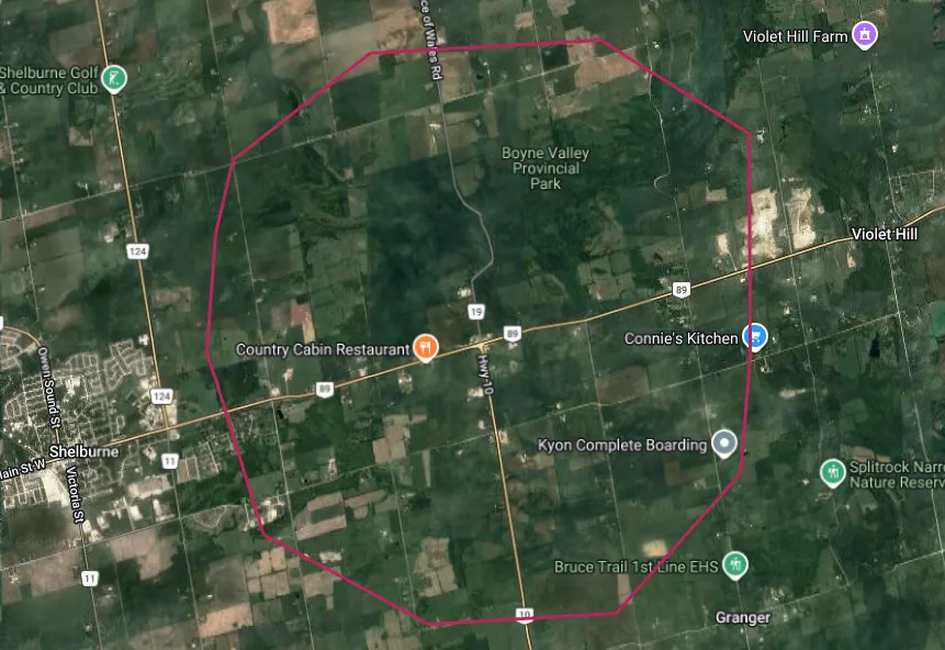 Map of the Mulmur township area highlighting the Primrose real estate area outlined in red