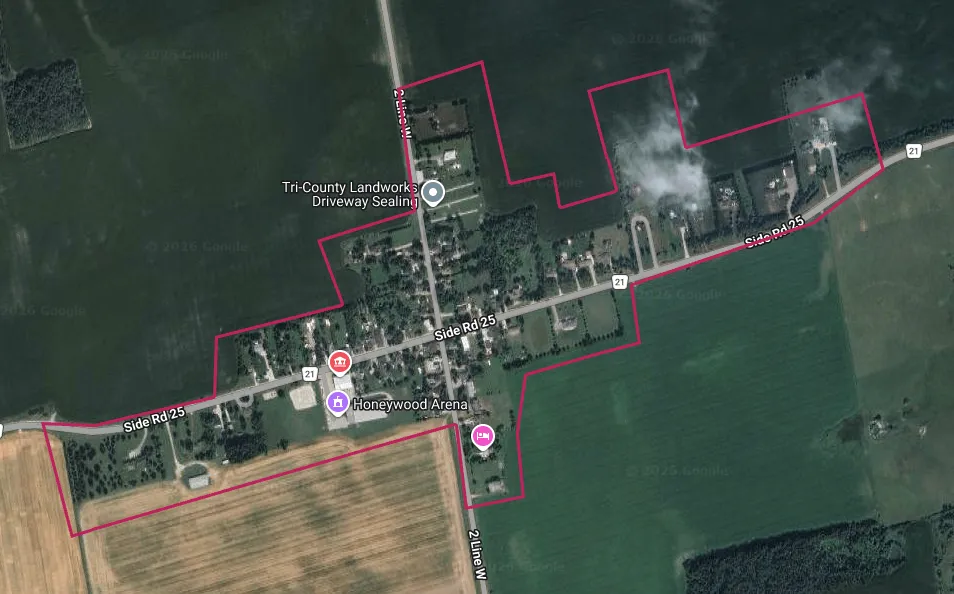 Map of the Mulmur township area highlighting the Honeywood real estate area outlined in red