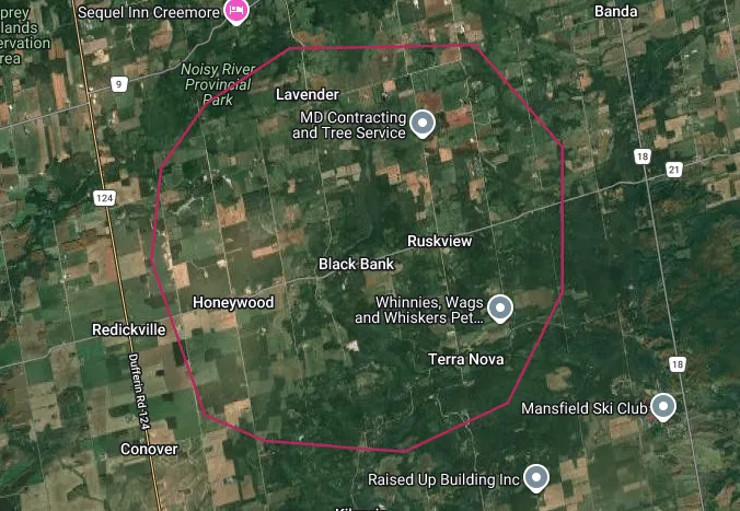 Map of the Mulmur township area highlighting the Black Bank real estate area outlined in red