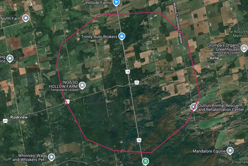 Map of the Mulmur township area highlighting the Randwick real estate area outlined in red