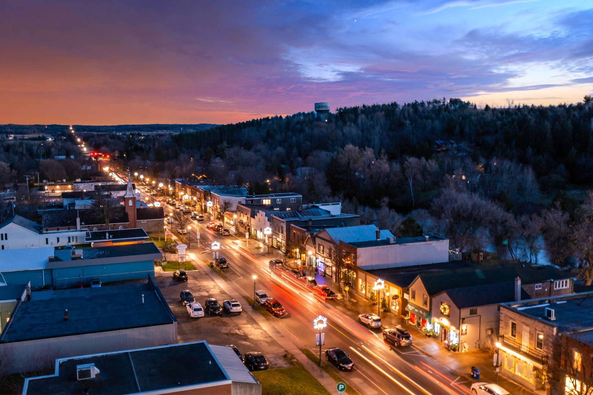 Drone image of downtown Erin in the evening