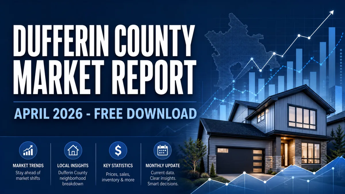 Dufferin County Market Report Graphic April 2026 Free Download Features an Image of A 2-storey house as well as details for Market Trends, Local Insights, Key Statistics and Monthly Updates