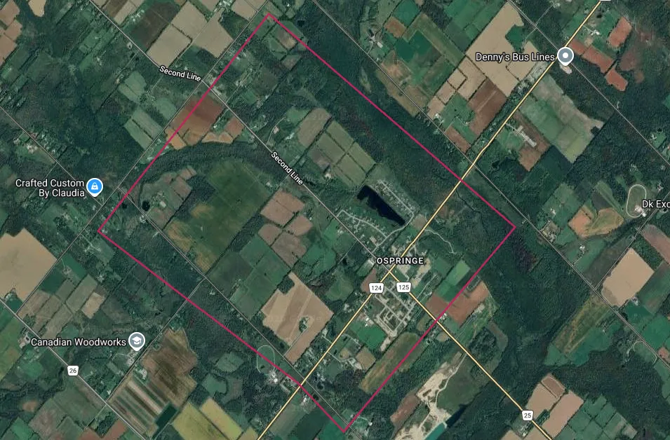 Aerial image of the Ospring, Ontario area of Erin outlined in red