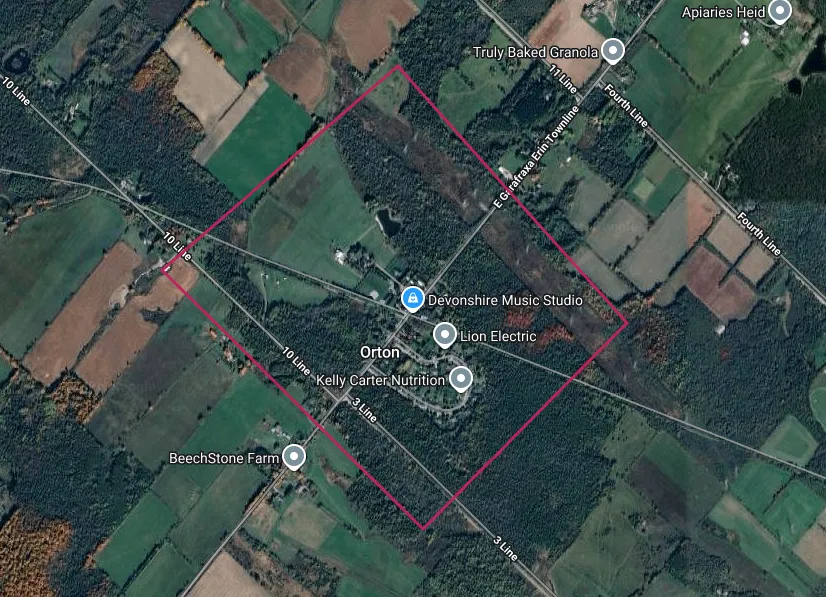 An aerial image of the Orton area of Erin outlined in red