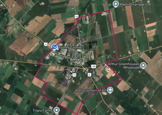 Image of the Arthur area, outlined in red 