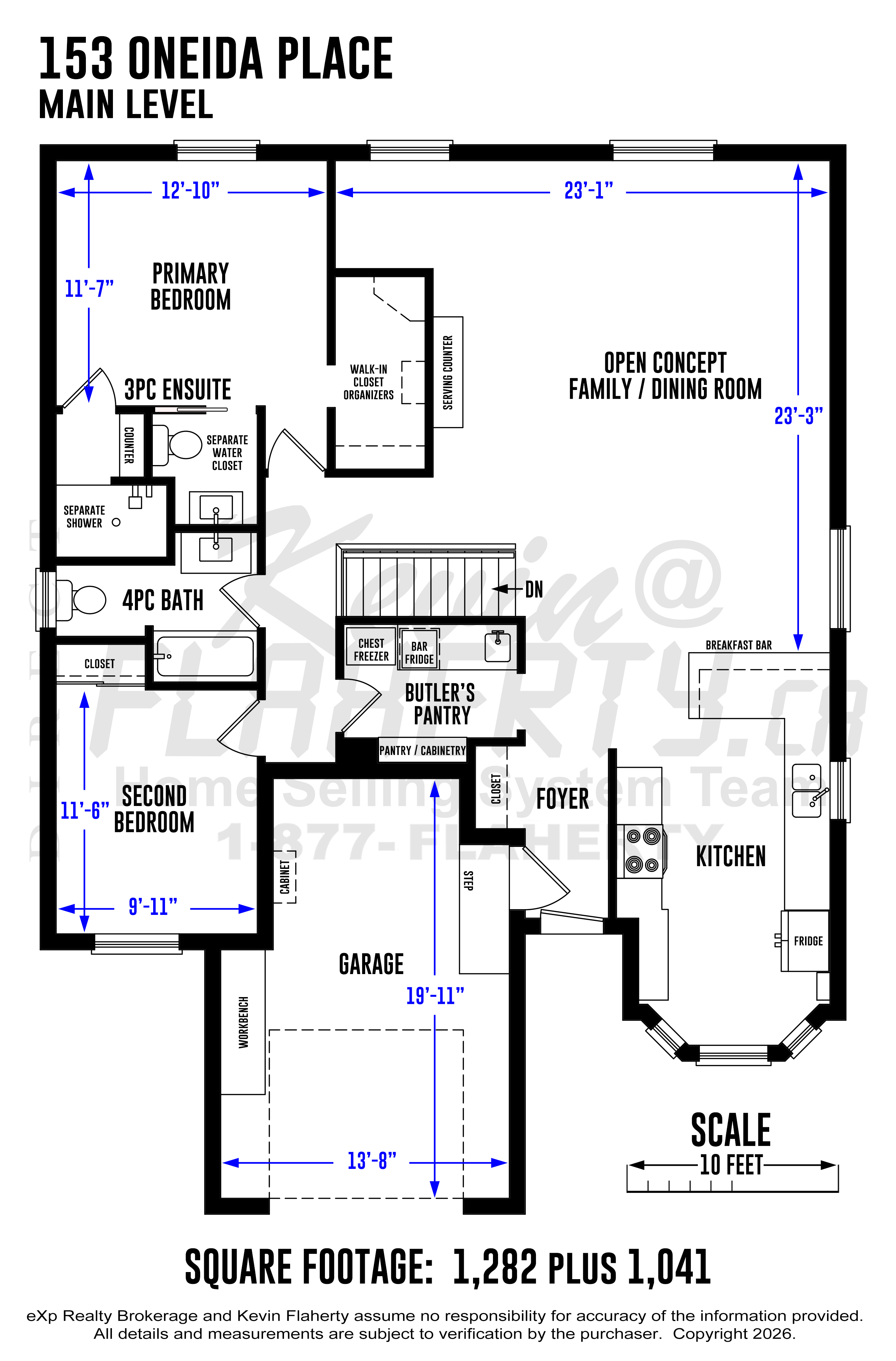 Detailed Floorplans with room measurements of the main level of 153 Oneida Place in Kitchener