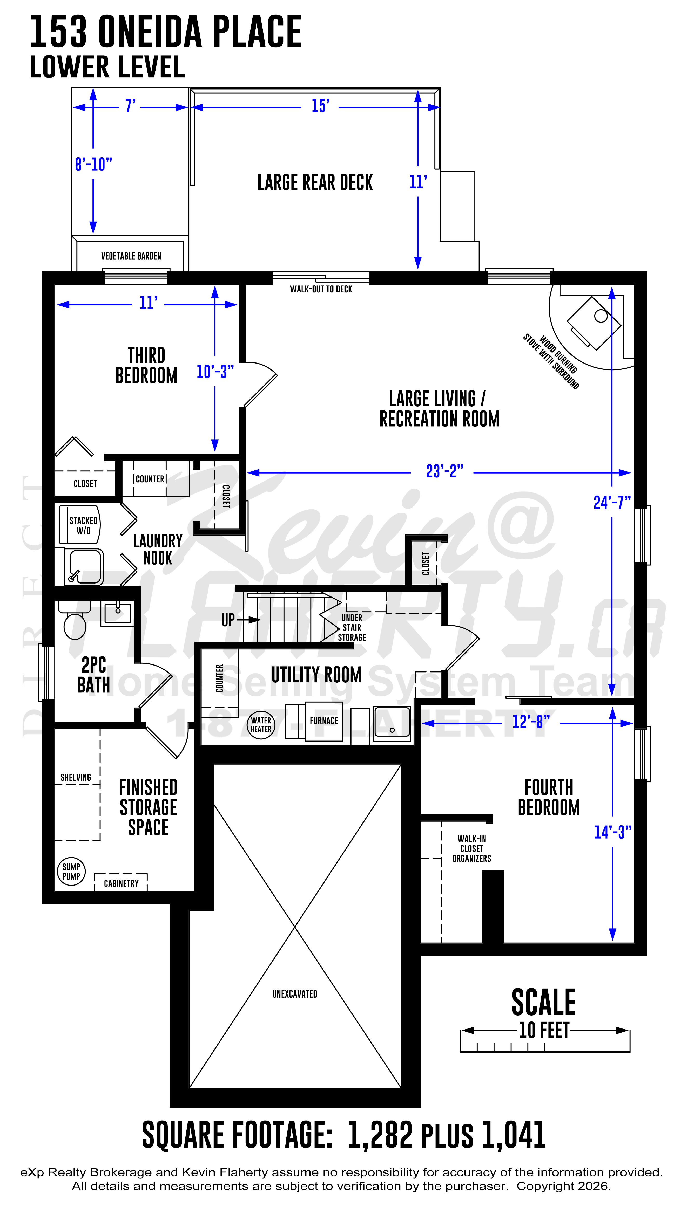 Detailed Floorplans with room measurements of the lower level of 153 Oneida Place in Kitchener