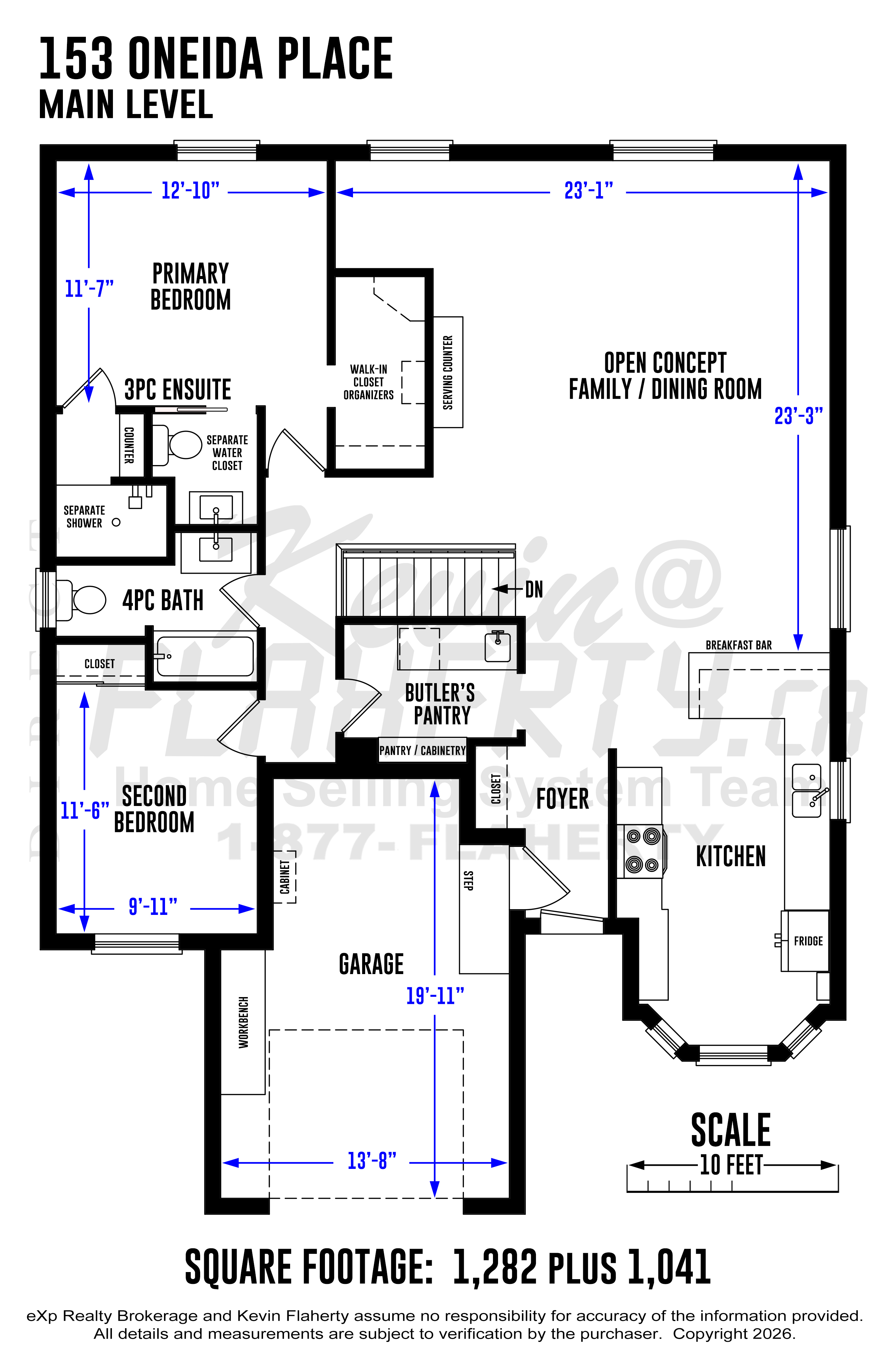 Detailed Floorplans with room measurements of the main level of 153 Oneida Place in Kitchener