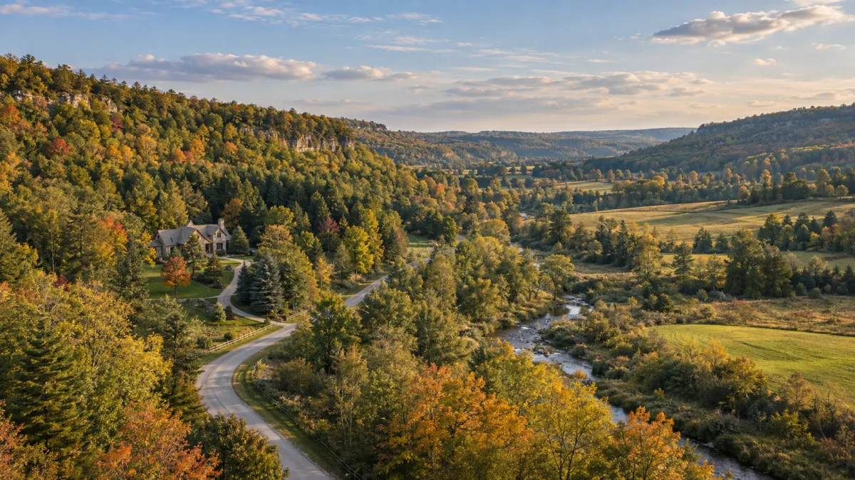 Aerial image of the Hockley Valley area with estate home in Dufferin County, Ontario