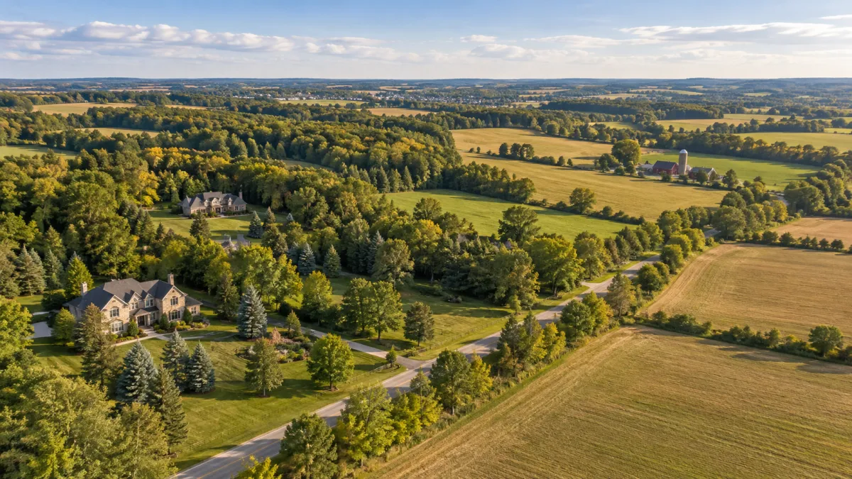 Aerial image of a residential road with large estate homes in East Garafraxa, Ontario