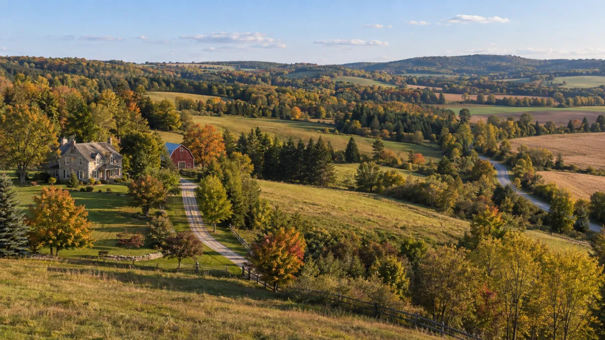 Aerial image of the Mulmur area with barn and farmhouse century home in Mulmur, Ontario a long driveway to a far