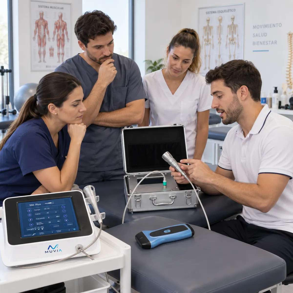 Ingeniero biomédico capacitando a terapeutas en el uso de equipos médicos avanzados