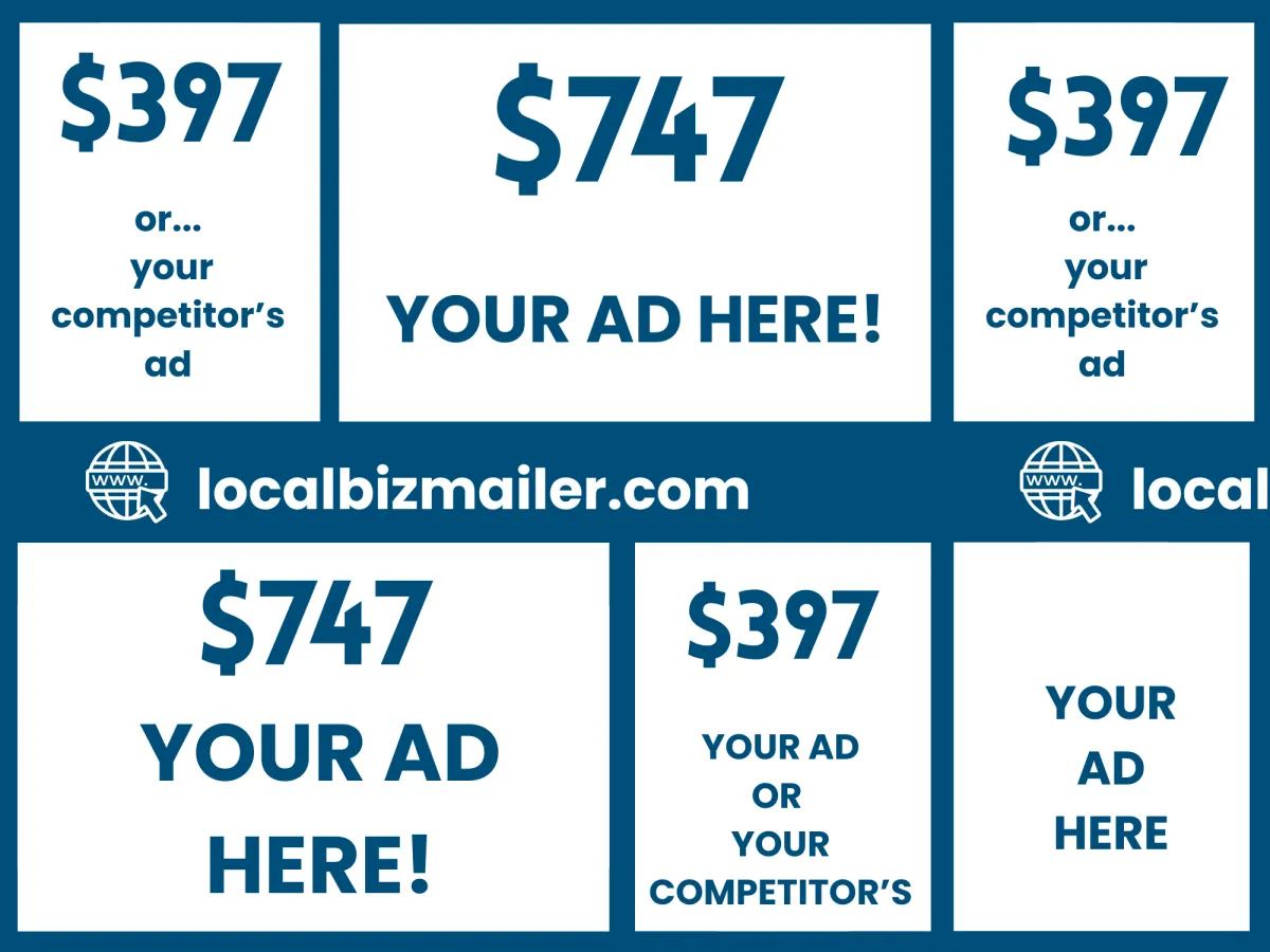 Back mockup with address block, barcode area, and promotional QR code