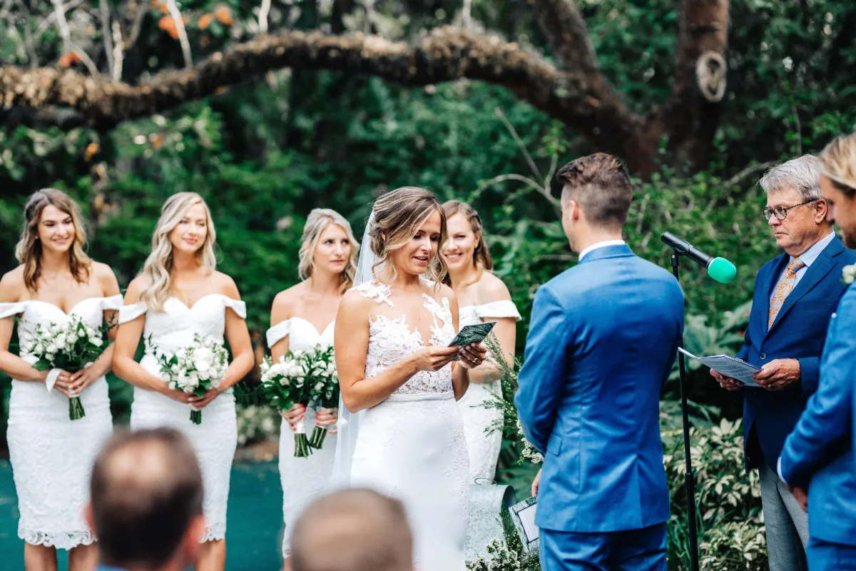 Bride and groom, bride, bridal bouquet, groom, boutonniere, outdoor wedding, Florida wedding, Villa Woodbine, Miami wedding, bridal gown, couple, bouquet, flowers, wedding flowers, floral design, white wedding, bridesmaid, wedding party