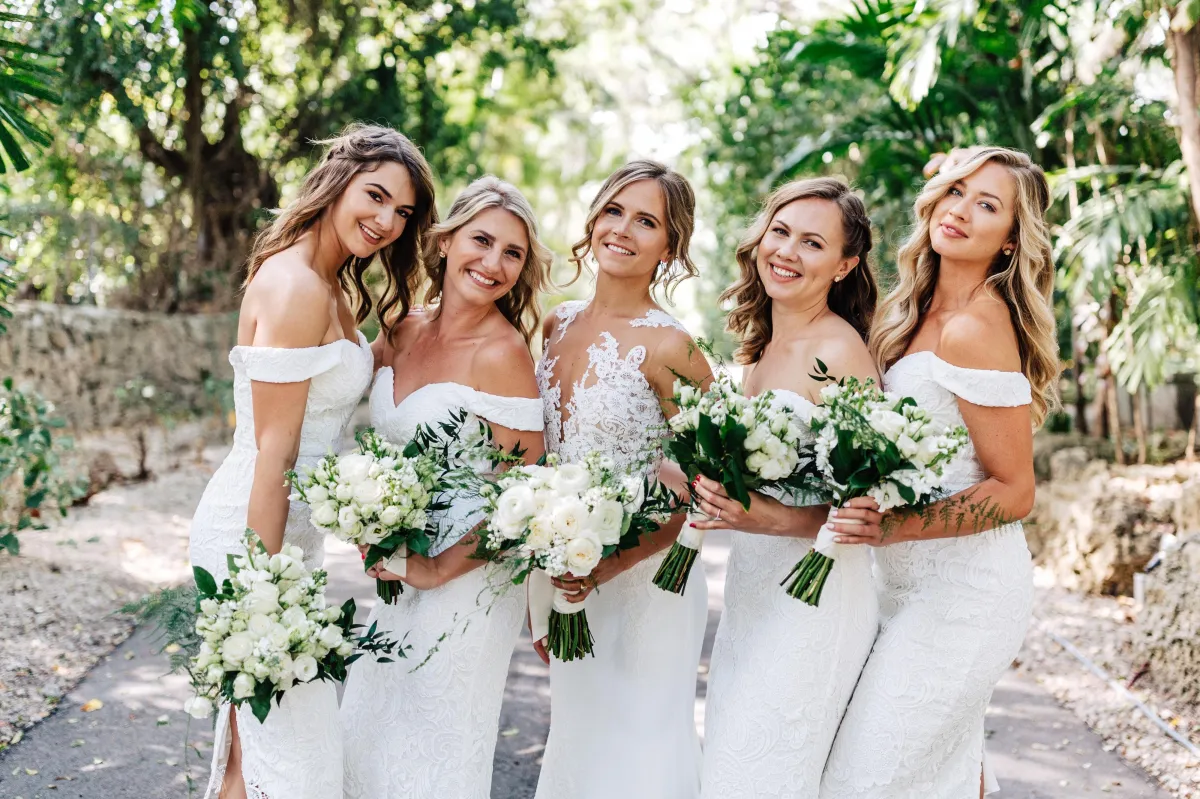 Bride and groom, bride, bridal bouquet, groom, boutonniere, outdoor wedding, Florida wedding, Villa Woodbine, Miami wedding, bridal gown, couple, bouquet, flowers, wedding flowers, floral design, white wedding, bridesmaid, wedding party