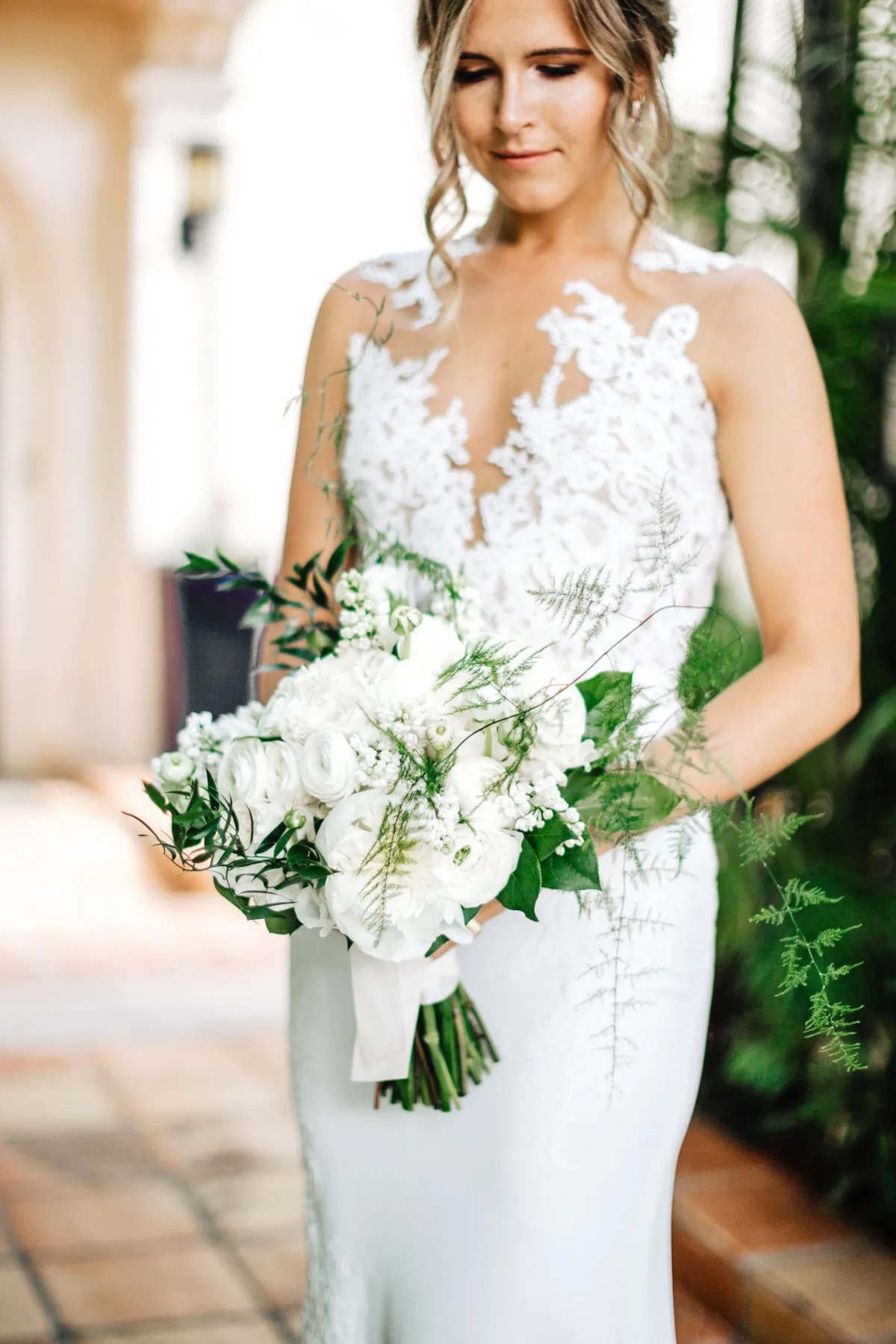 Bride and groom, bride, bridal bouquet, groom, boutonniere, outdoor wedding, Florida wedding, Villa Woodbine, Miami wedding, bridal gown, couple, bouquet, flowers, wedding flowers, floral design, white wedding, bridesmaid, wedding party