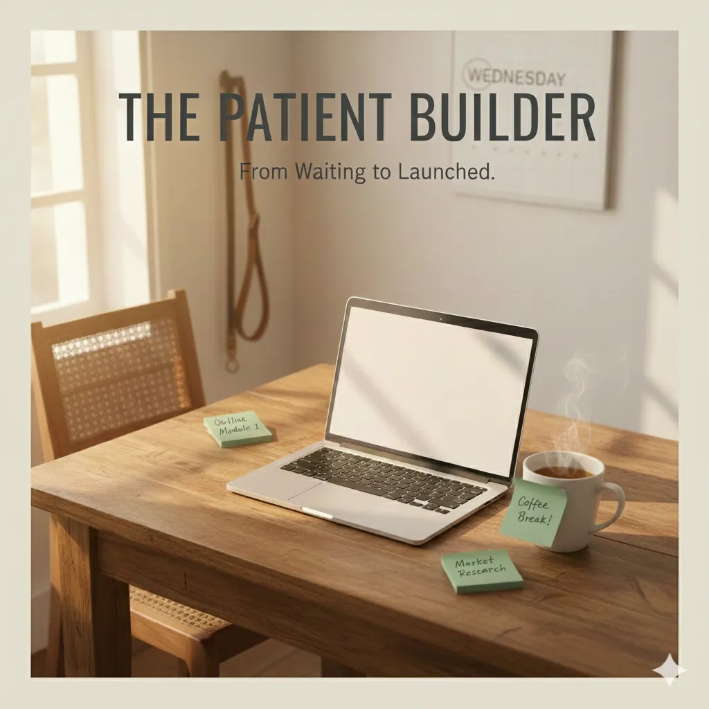 The Patient Builder Book cover. A wooden table with a laptop open and sunlight streaming in from the window.