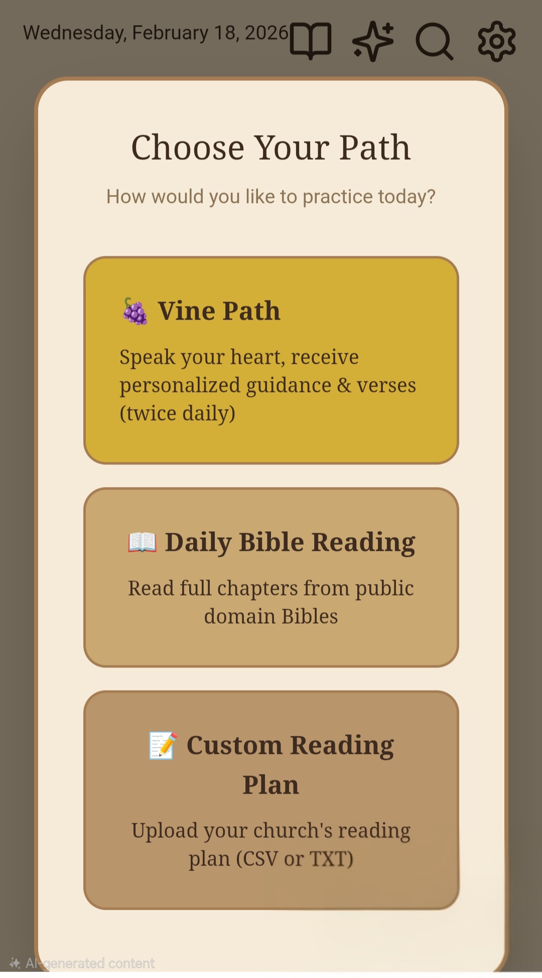 Path selection screen in The Vine payer app: The Vine, Daily Bible Reading, or Create Your Own.