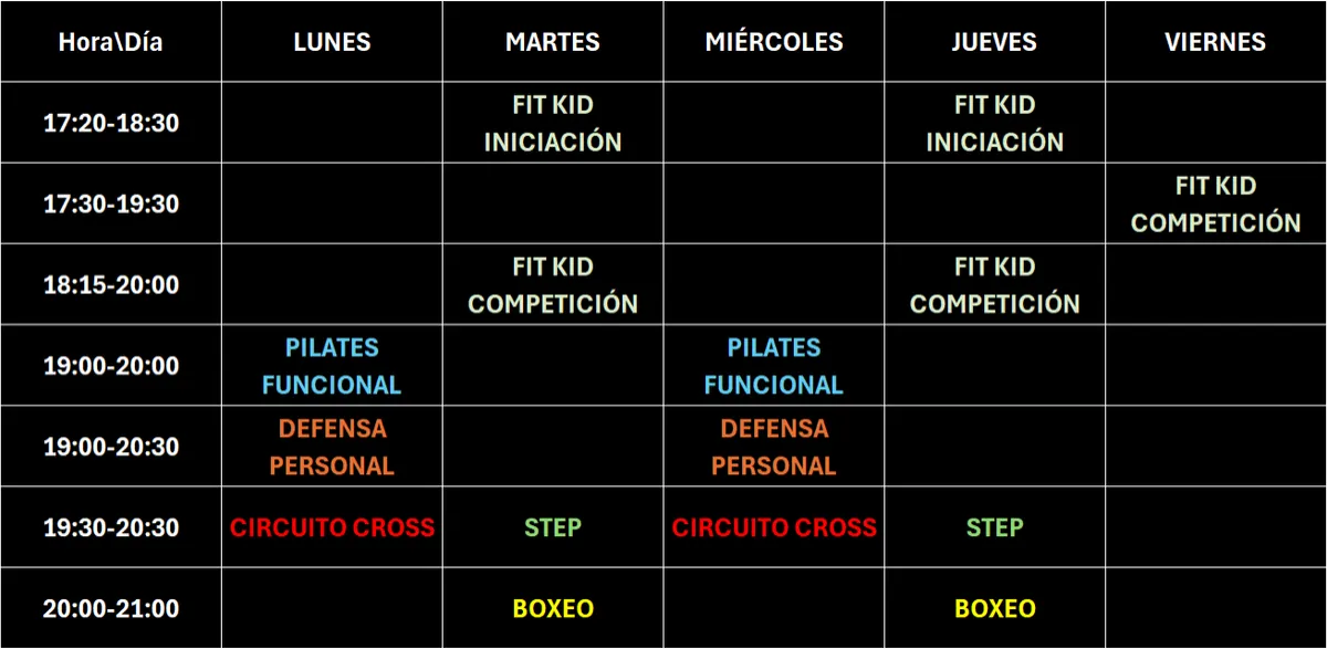 tabla con horario de clases del centro