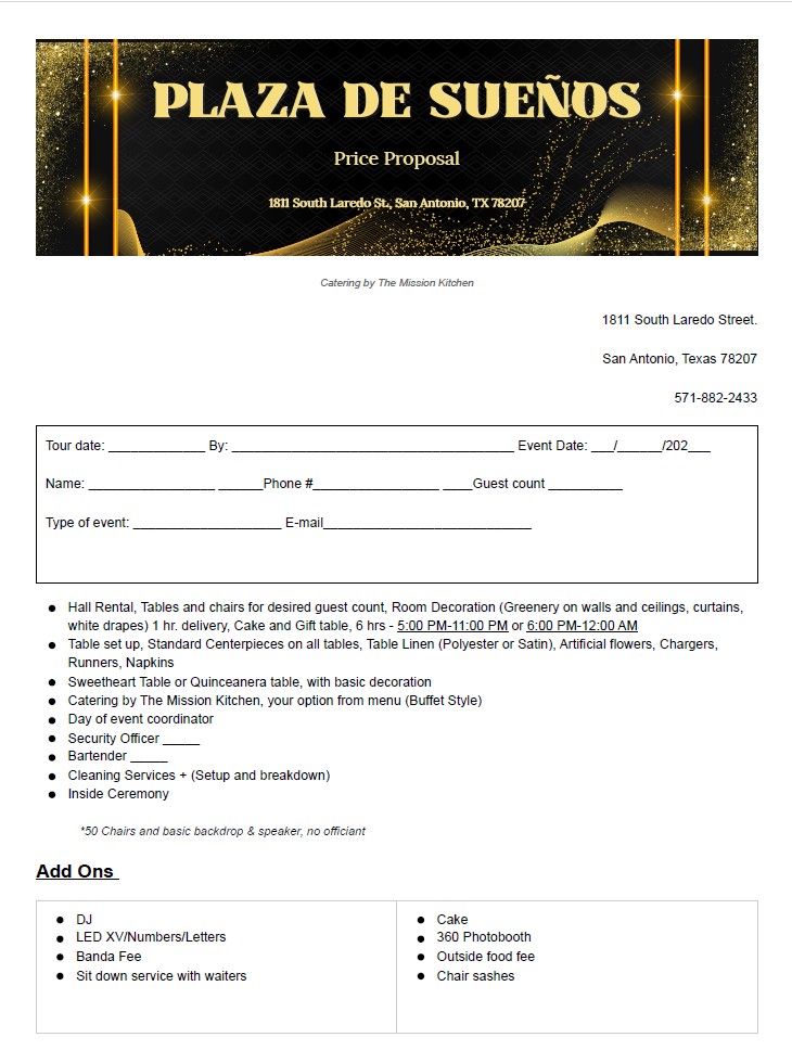 Event flyer with venue logo, bunting, pricing, and package highlights in cream and brown tones