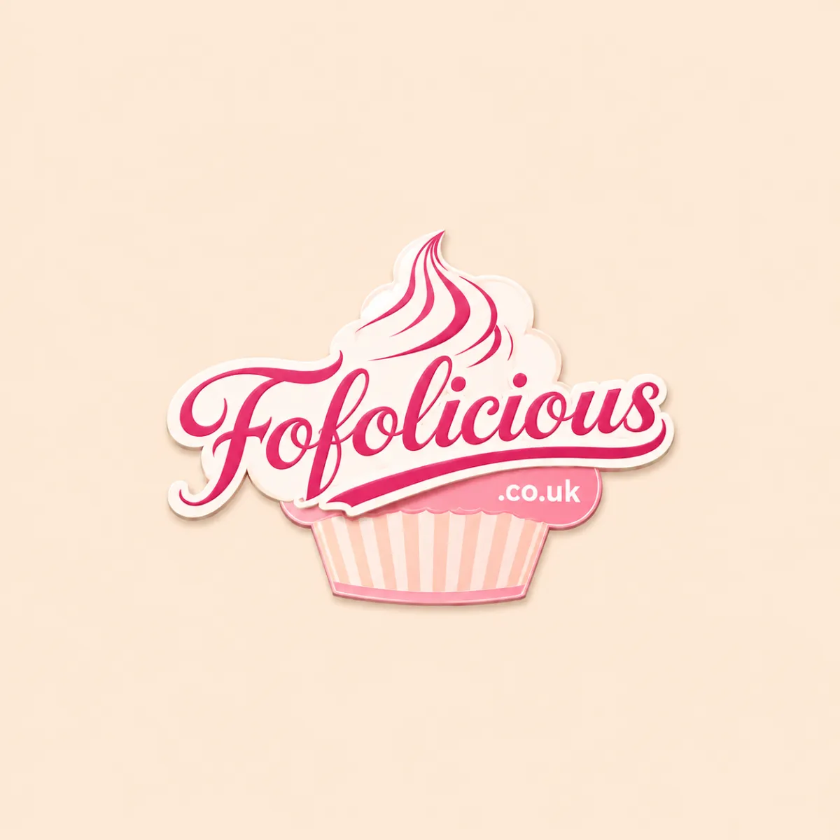 Fofolicious Cakes logo featuring a stylized cupcake with pink frosting and the brand name in a playful font, representing an e-commerce business specializing in mini desserts and baked goods.