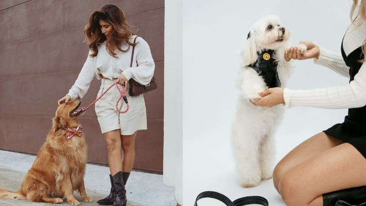 Fundadora de Woof Bag paseando con perro que lleva corbatín de lujo.