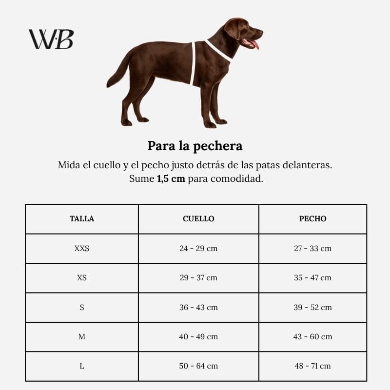 Guía de tallas Woof Bag para pechera, mostrando cómo medir cuello y pecho del perro junto con la tabla de medidas detallada.