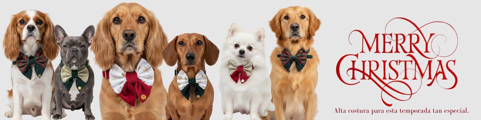 Banner de la Colección Alegría de Navidad de Woof Bag con perros usando corbatines navideños