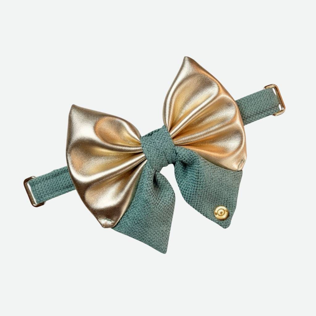 Corbatín de lujo para perro “The Mint & Gold Glam” de Woof Bag, diseño artesanal en menta con detalles dorados.