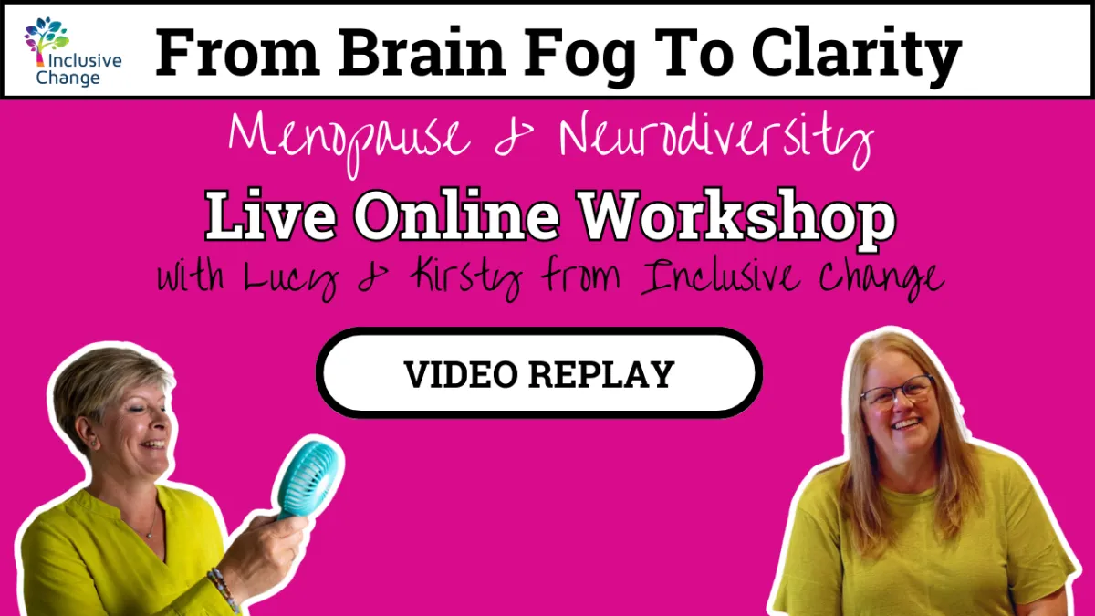 a pink background with images of Kirsty, a white woman with short hair holding a fan and Lucy  white woman with long blond hair and glasses. Both are wearing green tops. 