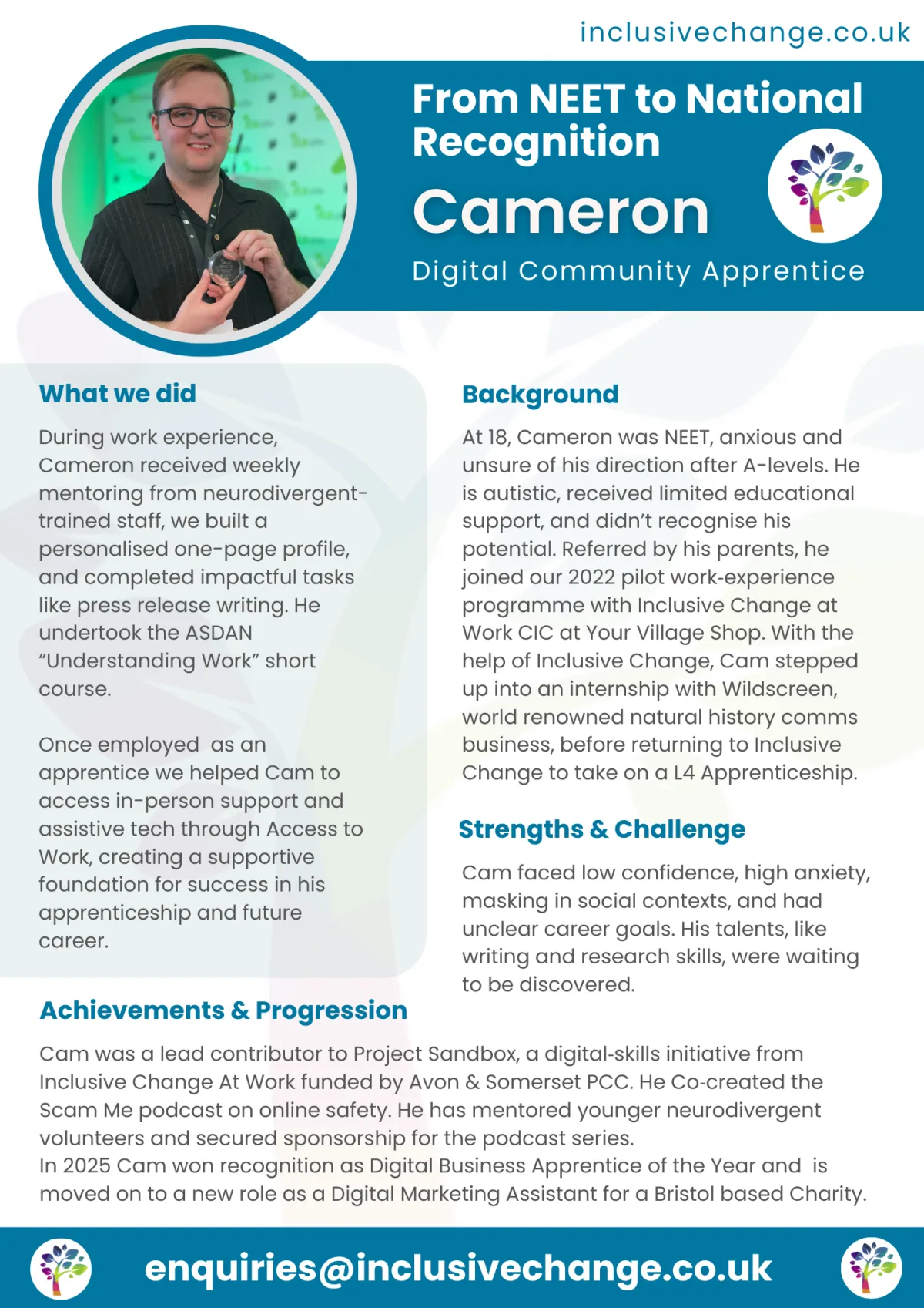 a document case study of Cameron - from NEET to national recognition