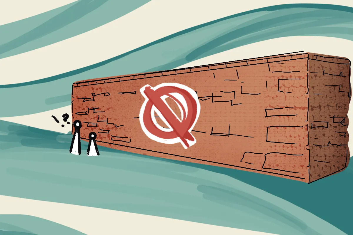 Two figures meet a brick wall, blocked off with a big red sign.