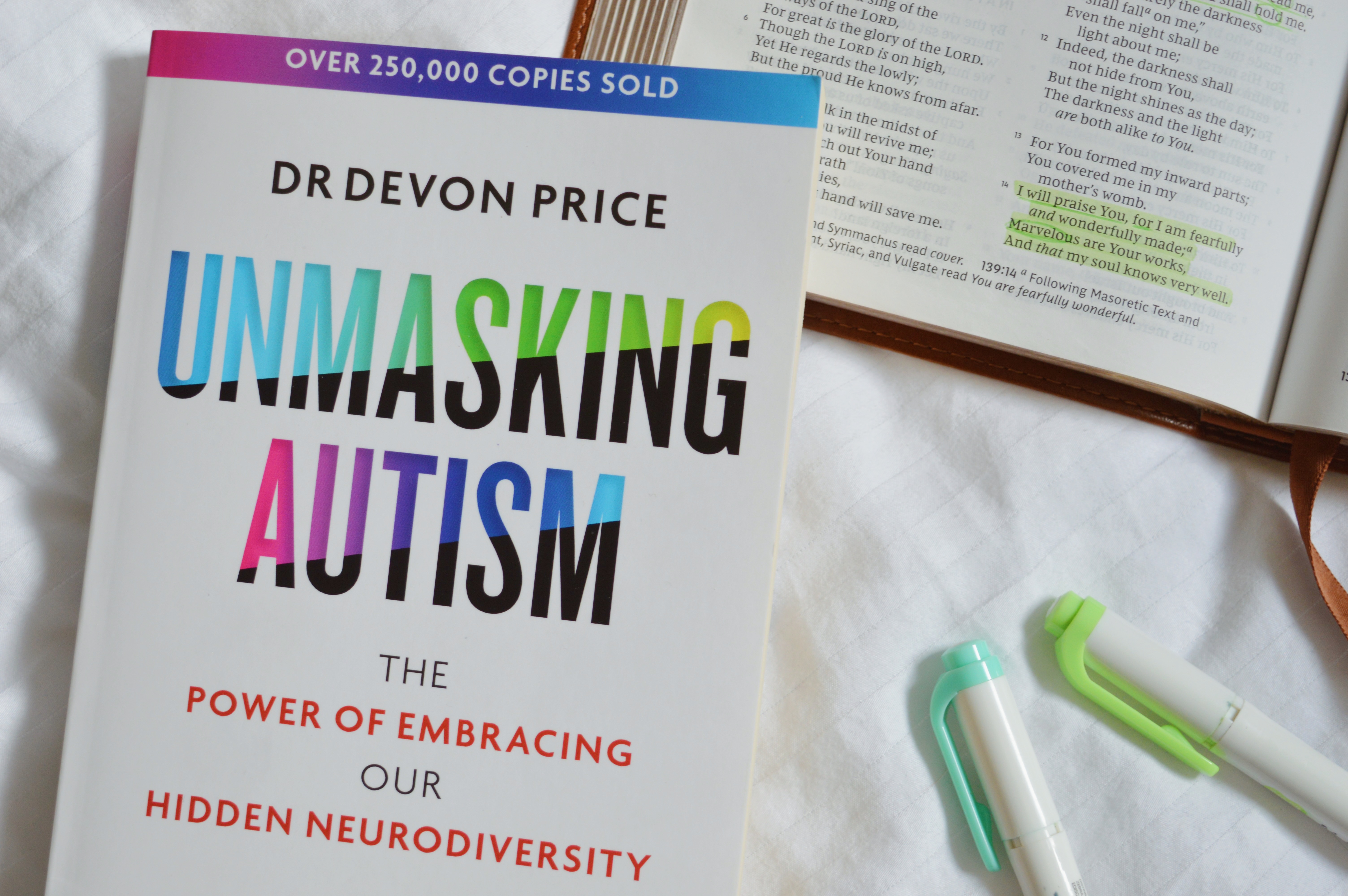 The cover of Dr Devon Price’s book, Unmasking Autism and Psalm 139:14, highlighted.