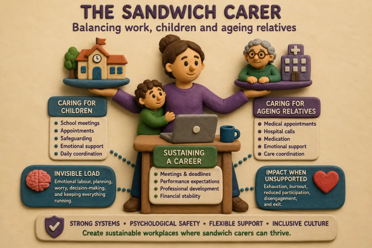 Clay-style illustration for “Blog 3 of 5” titled “The rise of the sandwich carer and what it means for the future of work.” The image shows a tired but calm-looking adult holding a mug, seated beside a signpost labelled “Children,” “Neurodiversity,” “Ageing Parents,” and “Work.” The illustration represents the emotional and practical balancing act faced by sandwich carers who simultaneously support neurodivergent children, ageing relatives, and professional responsibilities. The warm clay aesthetic reflects themes of hidden labour, emotional load, and sustainable workplace support.