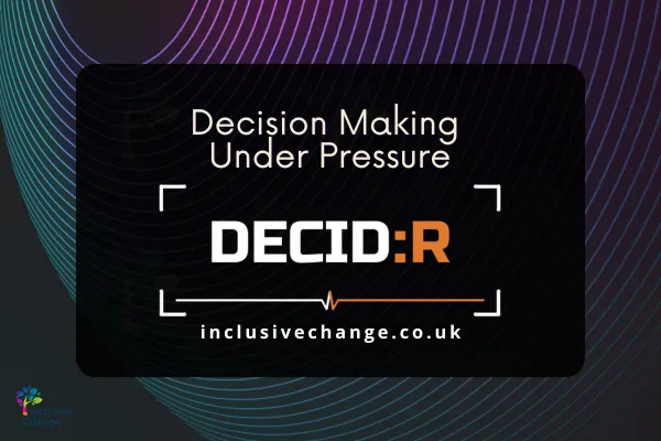 A black image with the words decision making under pressure, Decid:R from Inclusivechange.co.uk