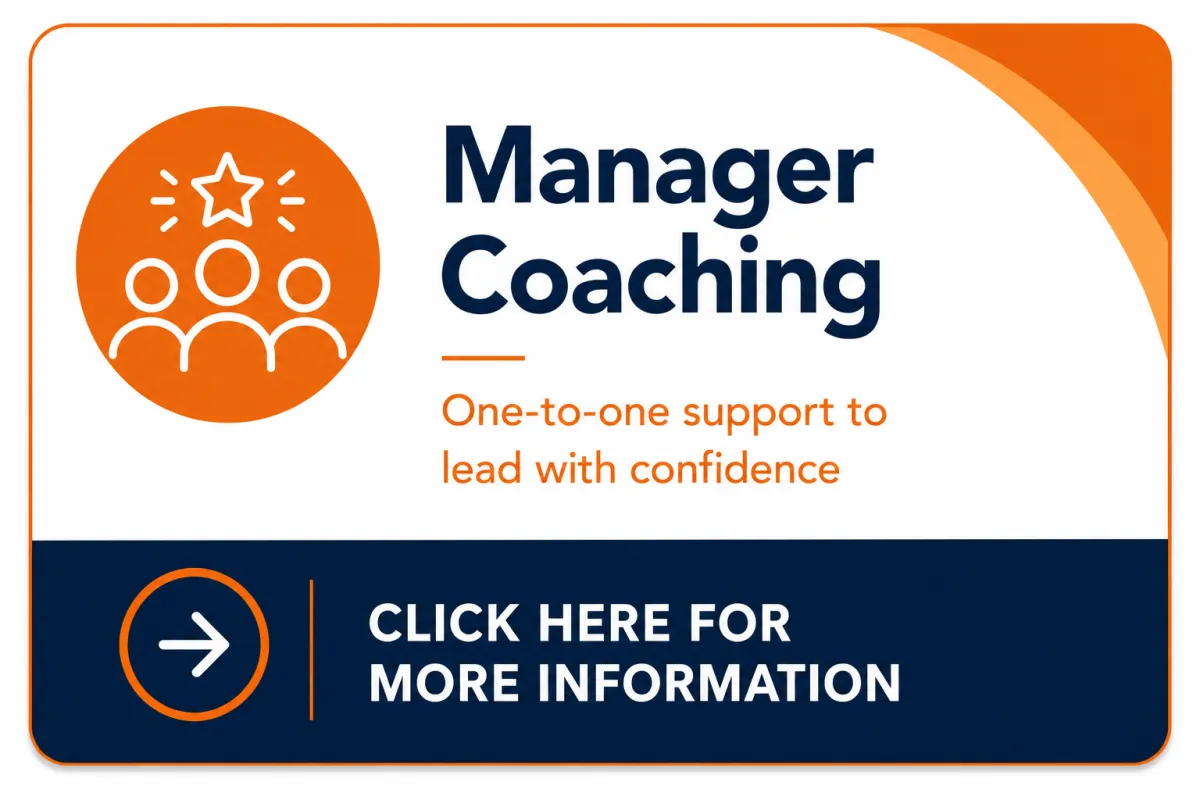 Manager Coaching brochure from Inclusive Change promoting one-to-one coaching for managers, covering inclusive leadership, managing performance, difficult conversations, workplace adjustments, employee wellbeing and building high-performing inclusive teams.