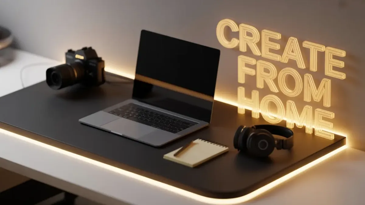 Close-up cinematic shot of a modern creator workspace: high-end laptop, MIDI controller, leather notebook, soft warm backlighting, minimal decor and camera kit.
