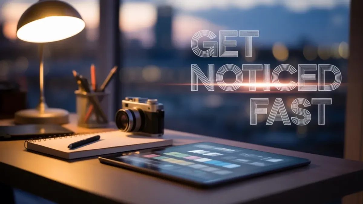 Close-up cinematic shot of a modern creator workspace: high-end laptop, MIDI controller, leather notebook, soft warm backlighting, minimal decor and camera kit.