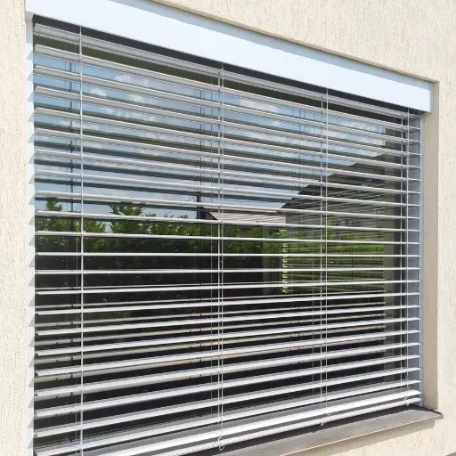 Jaluzele exterioare din aluminiu montate pe o fereastră modernă, ideale pentru protecție solară și intimitate.