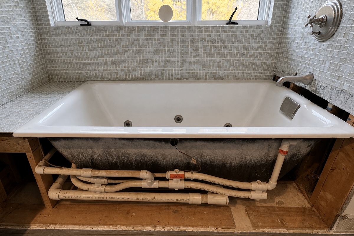 Bathroom remodeling project with exposed bathtub plumbing